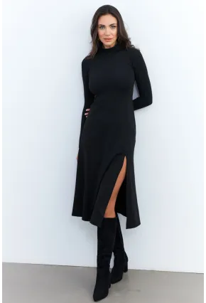 Kadın Siyah Balıkçı Yaka Midi Elbise HOR15