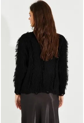 Kadın Siyah Balıkçı Yaka Püsküllü Triko Kazak KZ2471