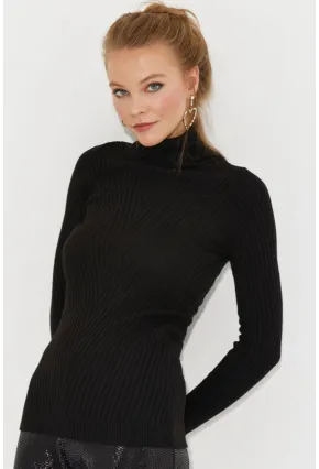 Kadın Siyah Balıkçı Yaka Triko Bluz MMSS128
