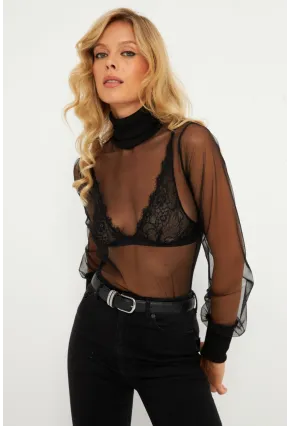 Kadın Siyah Balıkçı Yaka Tül Yılbaşı Bluz EY2901