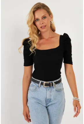 Kadın Siyah Balon Kol Kaşkorse Bluz XL2019