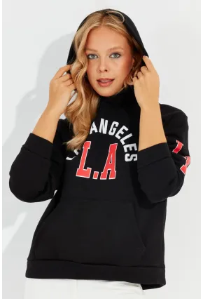 Kadın Siyah Baskılı Kapüşonlu Sweatshirt DA146