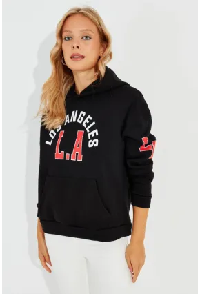 Kadın Siyah Baskılı Kapüşonlu Sweatshirt DA146
