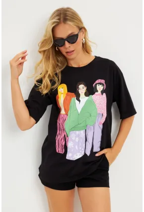Kadın Siyah Baskılı T-Shirt DY1329