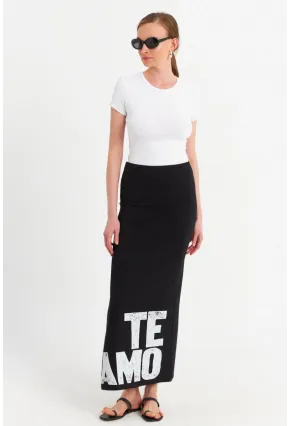 Kadın Siyah Baskılı Yırtmaçlı Midi Etek TPG09
