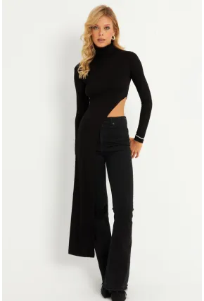 Kadın Siyah Beli Açık Asimetrik Balıkçı Uzun Bluz EY2902