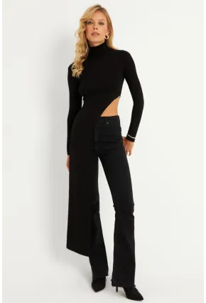 Kadın Siyah Beli Açık Asimetrik Balıkçı Uzun Bluz EY2902