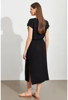 Kadın Siyah Beli Büzülebilir Midi Elbise MURO1193