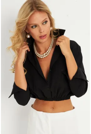 Kadın Siyah Beli Lastikli Gömlek ELT3835