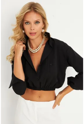 Kadın Siyah Beli Lastikli Gömlek ELT3835