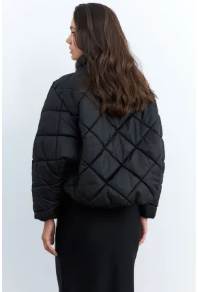 Kadın Siyah Beli Lastikli Yarasa Kol Şişme Mont MX11