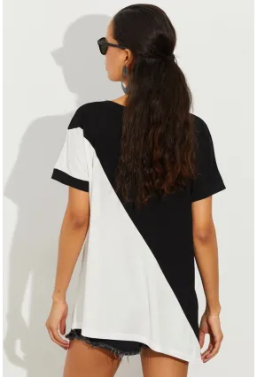 Kadın Siyah-Beyaz Asimetrik Bloklu Bluz ST2024
