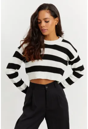 Kadın Siyah-Beyaz Çizgili Kısa Kazak SF1538