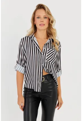Kadın Siyah-Beyaz Çizgili Saten Gömlek SF2536