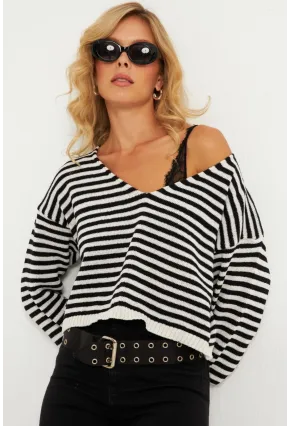 Kadın Siyah-Beyaz Çizgili Triko Bluz YV278
