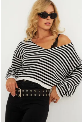 Kadın Siyah-Beyaz Çizgili Triko Bluz YV278