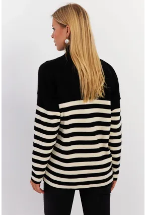 Kadın Siyah-Beyaz Çizgili Triko Hırka CNG3
