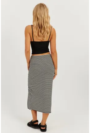 Kadın Siyah-Beyaz Çizgili Yırtmaçlı Midi Etek PP5365