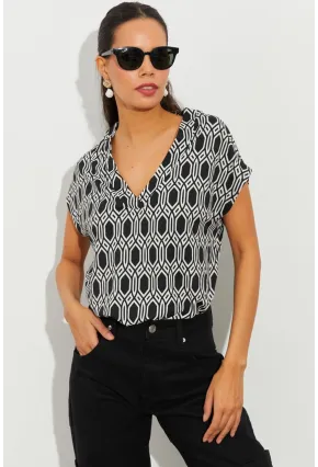 Kadın Siyah-Beyaz Desenli V Yaka Bluz LPP1217