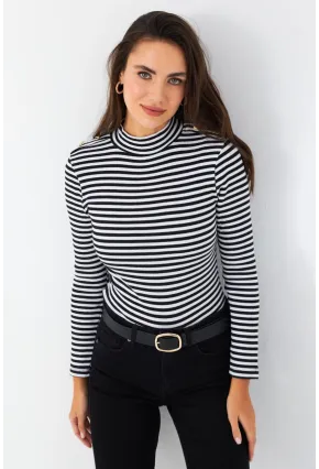 Kadın Siyah-Beyaz Düğme Detaylı Çizgili Bluz MAYD14