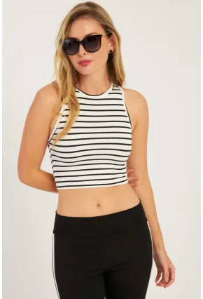 Kadın Siyah-Beyaz İkili Çizgili Crop Bluz CG346