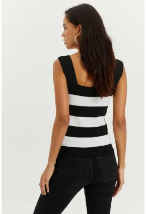Kadın Siyah-Beyaz Kare Yaka Triko Bluz YV80