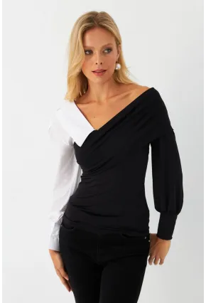 Kadın Siyah-Beyaz Kruvaze Bluz LİK8