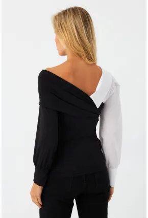 Kadın Siyah-Beyaz Kruvaze Bluz LİK8