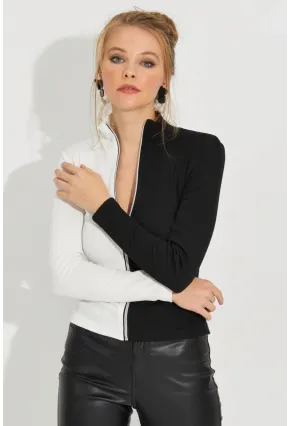 Kadın Siyah-Beyaz Renk Bloklu Kaşkorse Bluz EY2586