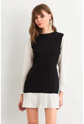Kadın Siyah-Beyaz Renk Bloklu Mini Elbise HOR0052