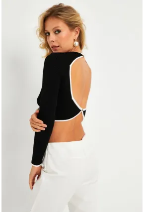 Kadın Siyah-Beyaz Sırtı Açık Bluz YV270