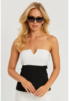 Kadın Siyah-Beyaz Straplez Bluz EY2793