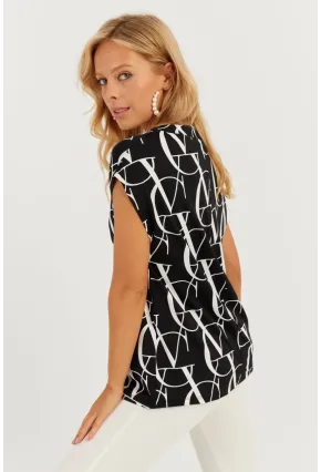 Kadın Siyah-Beyaz V Yaka Desenli Bluz AYD293