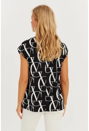 Kadın Siyah-Beyaz V Yaka Desenli Bluz AYD293