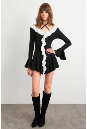 Kadın Siyah-Beyaz Volanlı İspanyol Kol Mini Elbise DCF108