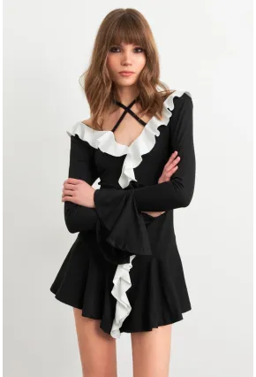 Kadın Siyah-Beyaz Volanlı İspanyol Kol Mini Elbise DCF108