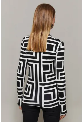 Kadın Siyah-Beyaz Yarım Balıkçı Desenli Bluz LPP1133-1