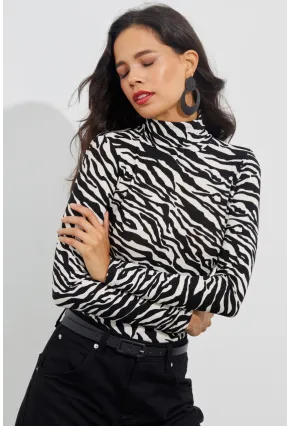 Kadın Siyah-Beyaz Zebra Desenli Balıkçı Bluz EY1524