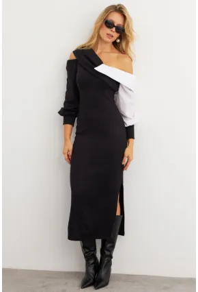 Kadın Siyah Blok Kumaşlı Asimetrik Yaka Maxi Elbise KED4469