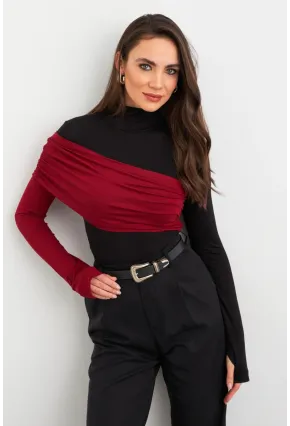 Kadın Siyah-Bordo Bloklu Bluz EY3018