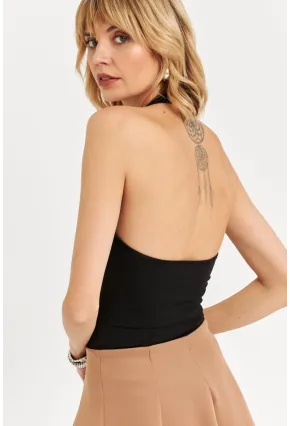 Kadın Siyah Boyun Askılı Crop Bluz TF69