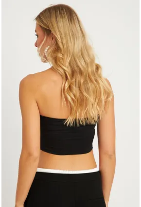 Kadın Siyah Boyun Bağlamalı Crop Bluz MON133