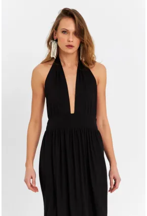 Kadın Siyah Boyun Bağlamalı Maxi Elbise EY3075