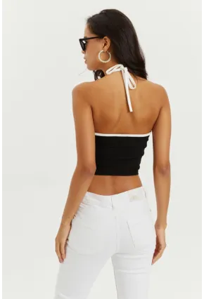 Kadın Siyah Boyundan Bağlamalı Halkalı Crop Bluz B1809