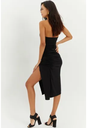 Kadın Siyah Boyundan Bağlamalı Yanı Büzgülü Elbise YEL21