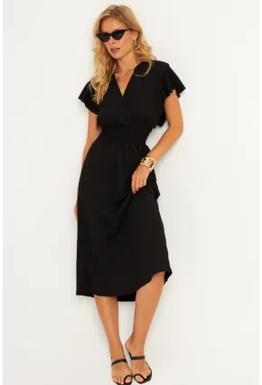 Kadın Siyah Bürümcük Kruvaze Midi Elbise XL2008