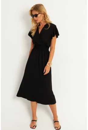 Kadın Siyah Bürümcük Kruvaze Midi Elbise XL2008