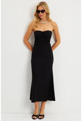 Kadın Siyah Bürümcük Straplez Midi Elbise EY2787