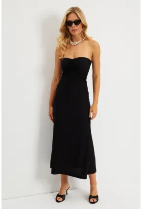 Kadın Siyah Bürümcük Straplez Midi Elbise EY2787