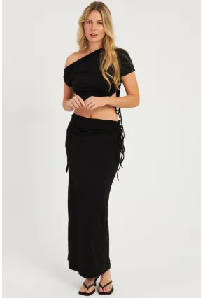 Kadın Siyah Büzgülü Alt Üst  Etek Takım YEL88